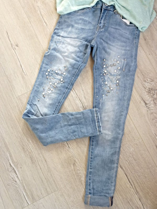 XS- XL coole angesagte Jeans mit Perlen destroyed weiss