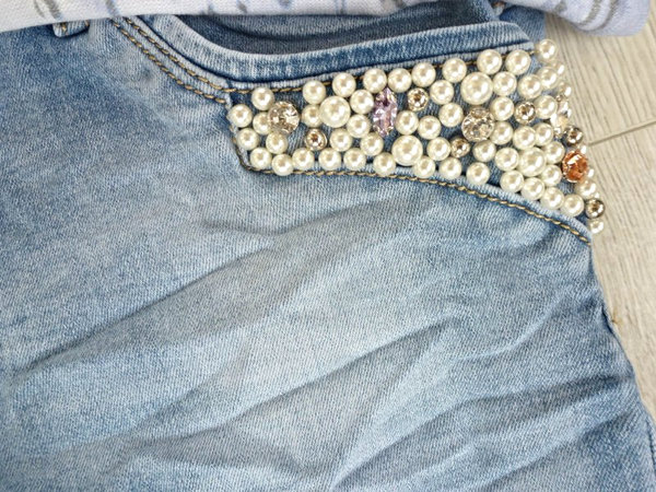 xs-xl  capri Jeans Short mit Perlen an der Tasche  Baggy Knöpfe grau oder Jeans