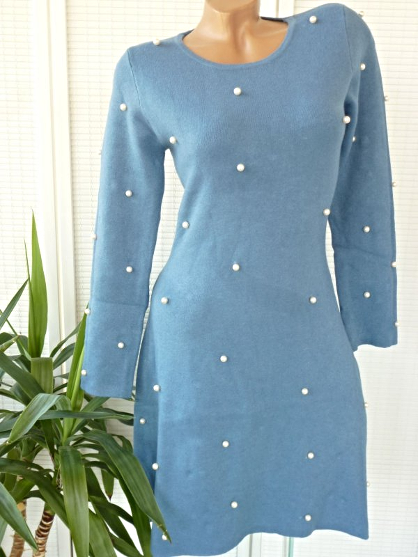 34 36 38   Traum  Strick long Pullover Kleid mit Perlen butterweich grau oder blau