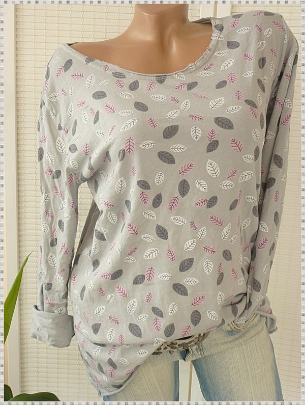 36 38 Shirt mit Blätter  Print  Baumwolle Rollbündchen in vielen Farben