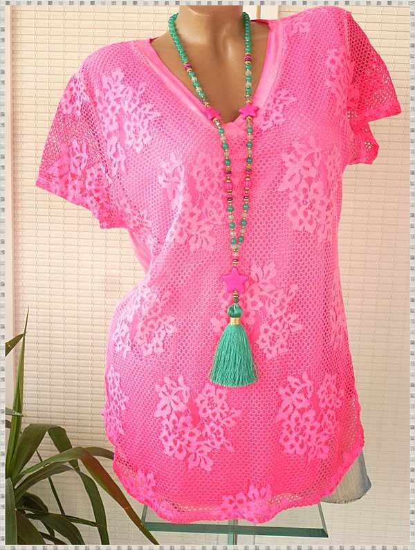 36 /38 38 38/40 Shirt mit dezenter Netz Spitze V Neck  Neon pink oder grau