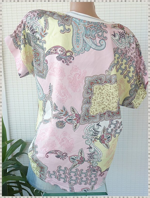 38 40 42 V Neck Bluse Shirt Lurex Ausschnitt buntes Muster Paisley VIELE FARBEN