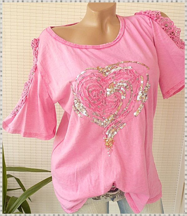 38 40 Italy Shirt mit offener Schulter und häkel Blüten Herz Pailletten GRAU ODER PINK