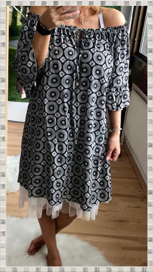 40 42 38 schöne Long Tunika Kleid carmen Ausschnitt zum binden Muster