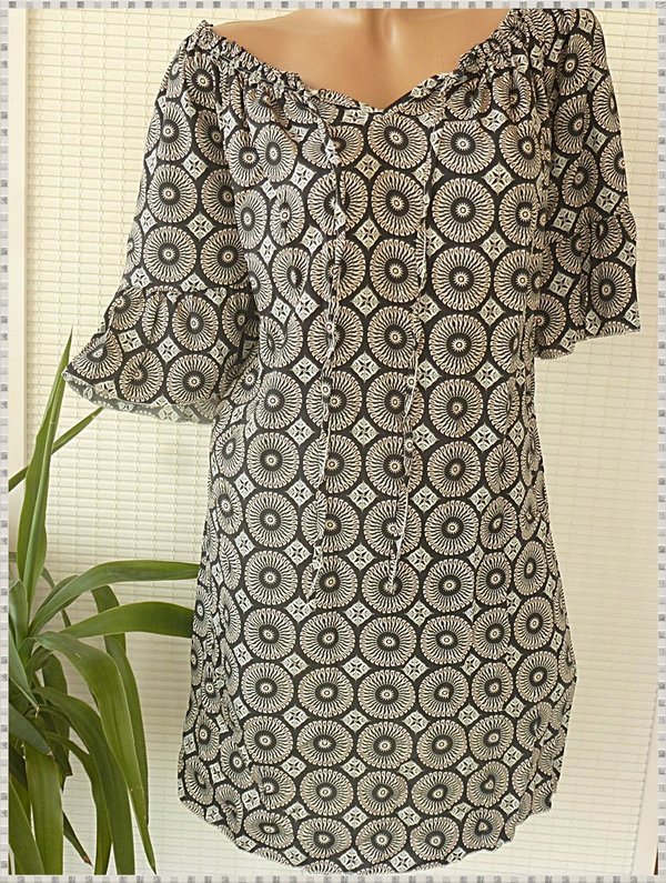 40 42 38 schöne Long Tunika Kleid carmen Ausschnitt zum binden Muster