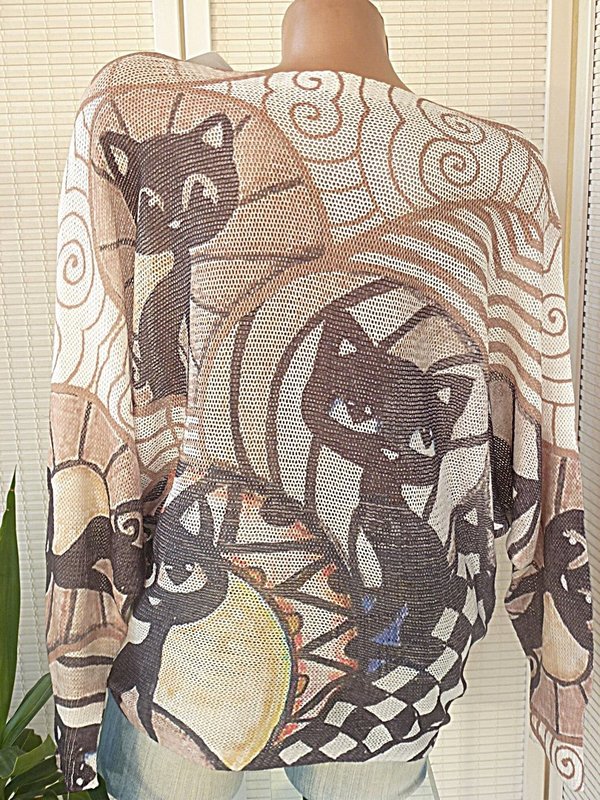 38 40 42 44 Strick Pullover leichte Fledermausärmel comic Muster Katzen