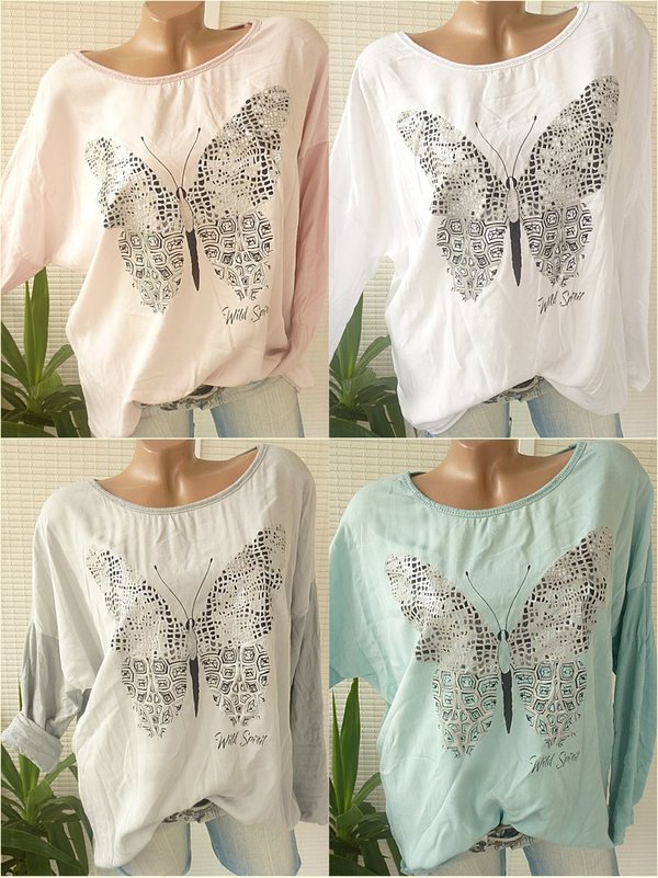 38 40 42 oversize Pullover Shirt mit Schmetterling Print silber glitzer