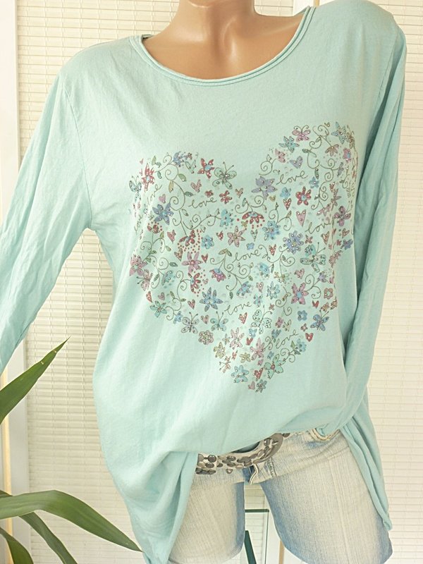 38 40  Shirt mit Blumen Herz Glitzer  Print Baumwolle Rollbündchen weiss oder türkis