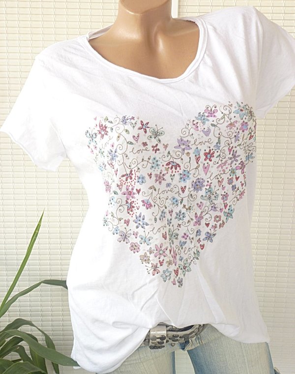 36/38 38 40 Shirt mit Blumen Herz Glitzer Print Baumwolle Rollbündchen weiss oder türkis