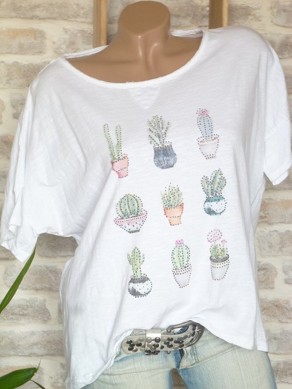 38 40 42 Shirt mit Kaktus Herz oder  Glitzer Print Baumwolle weiss