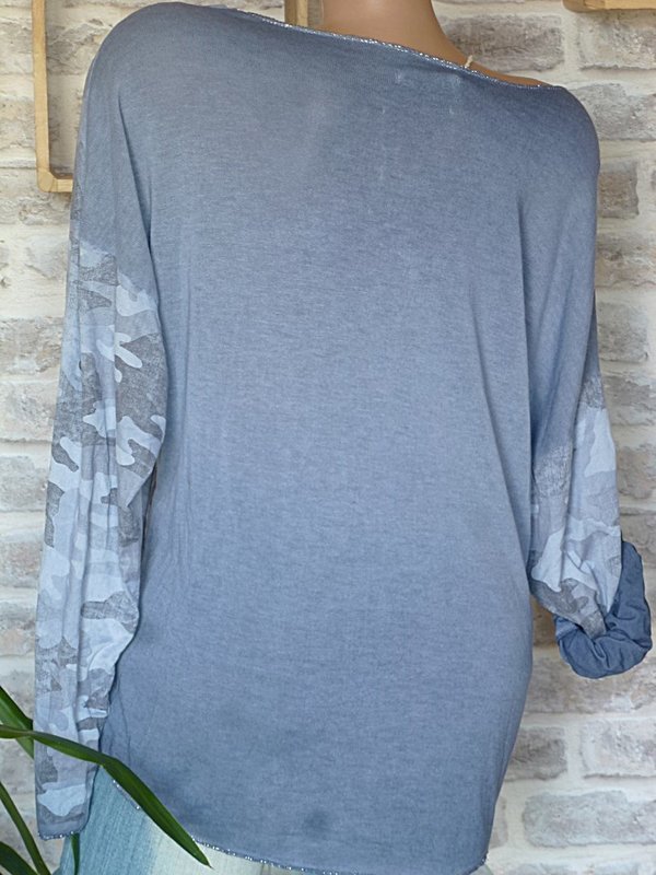 36/38 38 40 40/42 Shirt Feinstrick Pullover camouflage blau Lurex SilberBLAU ODER OFF WHITE