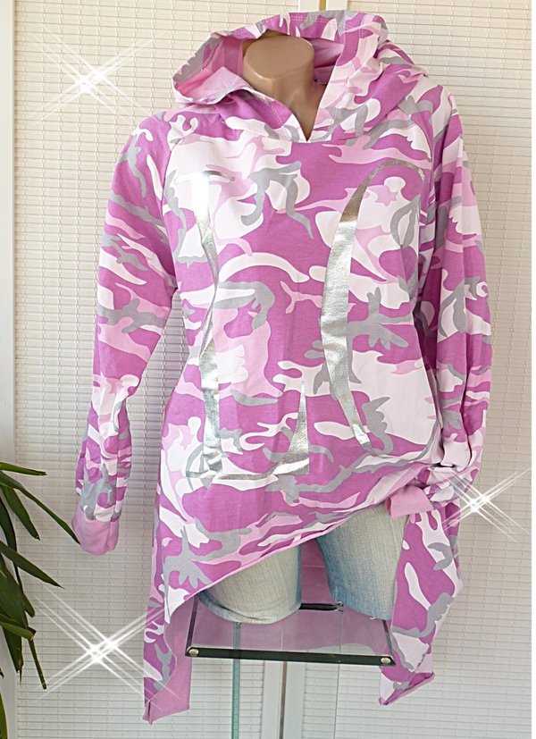 38 40 42 44  oversize Pullover Kleid Sweatshirt hinten lang camouflage Kapuze