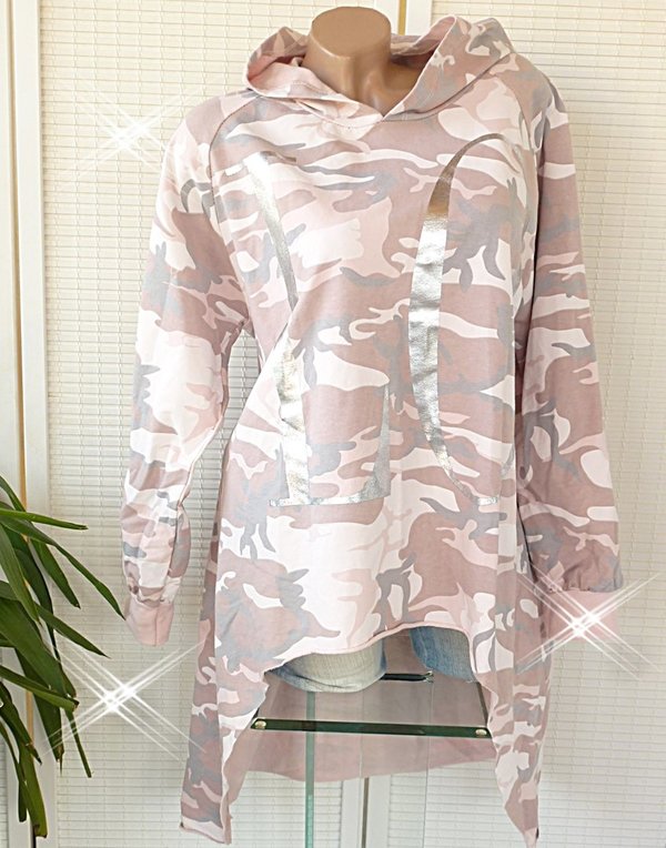 38 40 42 44  oversize Pullover Kleid Sweatshirt hinten lang camouflage Kapuze