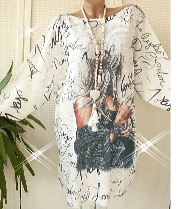 42 44 46 Strick Pullover Kleid Strickkleid Schrift Print Damen long Pullover
