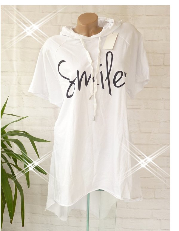38 40 42 44 46 long Shirt SMILE  Print Vokuhila Baumwolle hinten länger Kapuze oversize