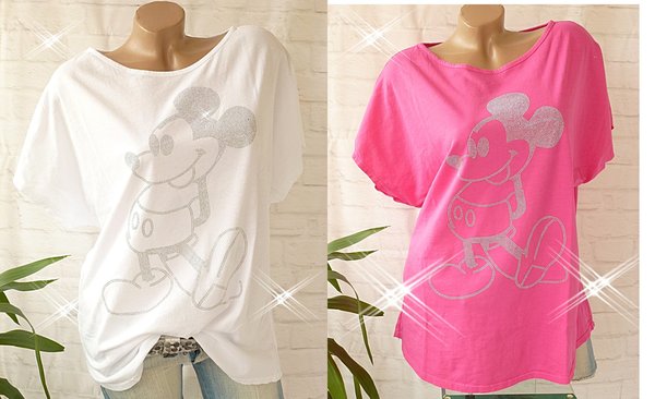 38 40 42 42/44 Shirt mit Glitzer Print Baumwolle comic oversize weiss und pink