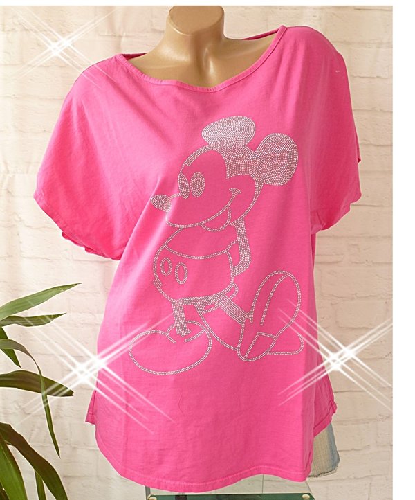 38 40 42 42/44 Shirt mit Glitzer Print Baumwolle comic oversize weiss und pink