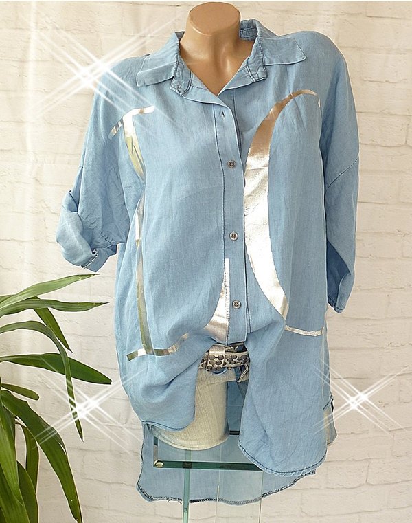 42 44 46 oversize   Bluse Tunika Shirt mit Metallic Schrift Love Jeanshemd