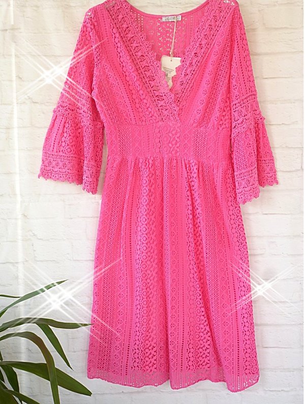 36 38 schönes Spitzen Kleid unterlegt Häkel Spitze Volant Arm Ibiza weiss pink blau