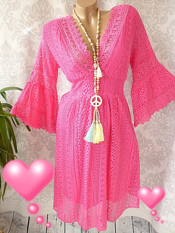 36 38 schönes Spitzen Kleid unterlegt Häkel Spitze Volant Arm Ibiza weiss pink blau