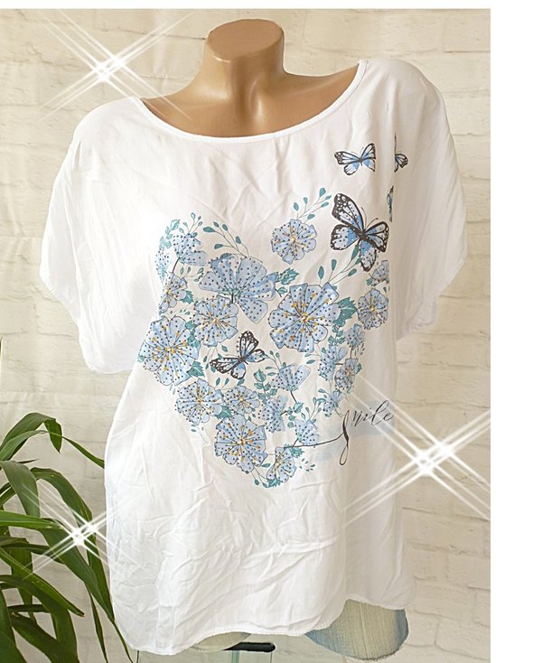 36 38 40 42  Shirt mit Glitzer Print comic Blumen Schmetterlinge