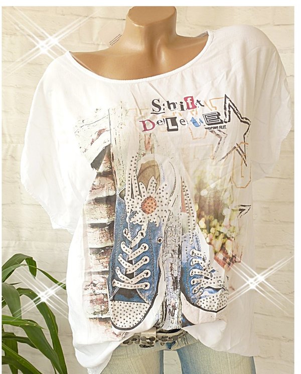 36 38 40 42 oversize Shirt mit Glitzer Print Sneaker Schrift Blumen weiss