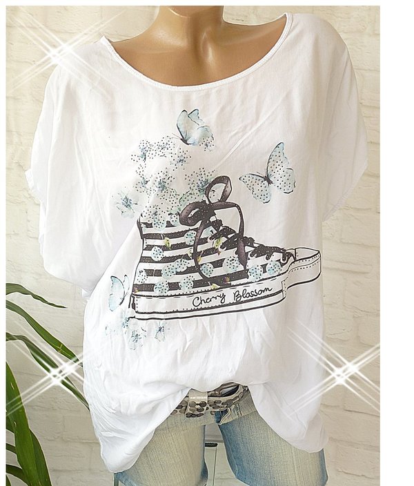 36 38 40 42 oversize Shirt mit Glitzer Print Schmetterlinge Sneaker blau weiß