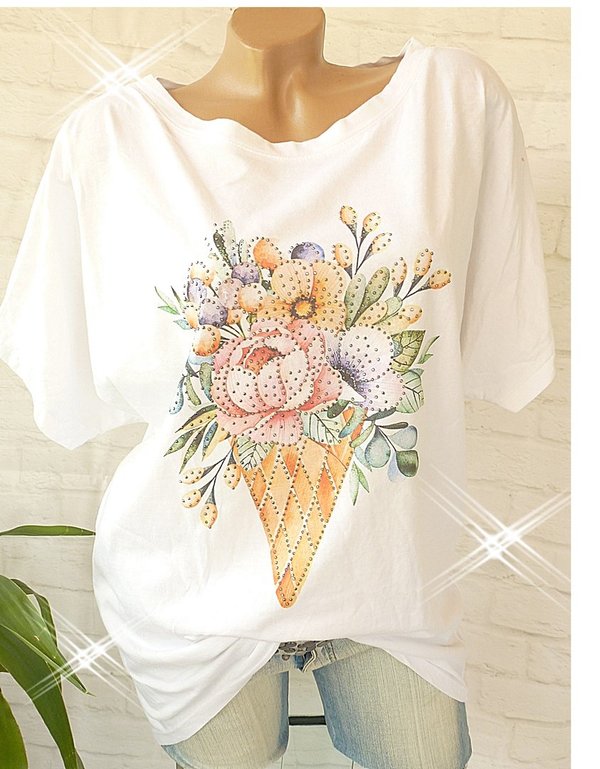 42 44 46 48 oversize Shirt mit Glitzer Print Baumwolle weiß Blumen