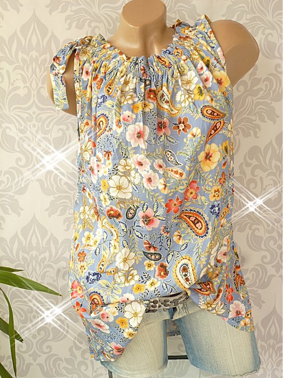 38 40 42 Ärmelloses Top Bluse Shirt Schulter zum binden Blumen paisley Schleife