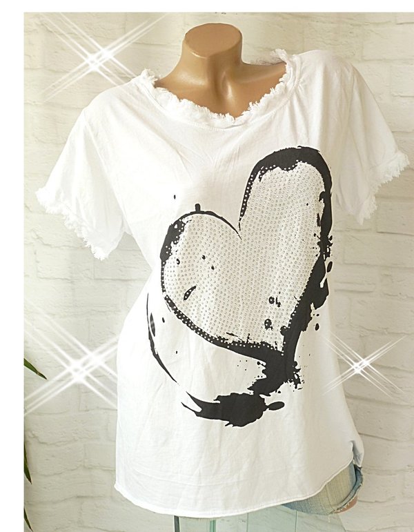 38 40 42 schönes Shirt Ausschnitt ausgefranst Vintage glitzer Herz Print weiss