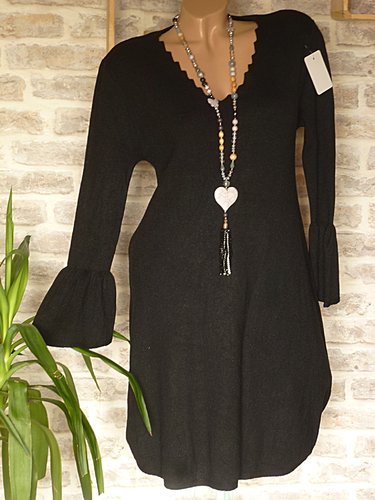 36/38 38 40 Strickkleid Strick long Pullover Kleid schöner Ausschnitt Volantarme auch schwarz türkis