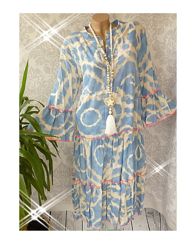 38 40 42 schönes oversize Maxikleid Kleid Hängerchen Rüschen Batik blau Knöpfe