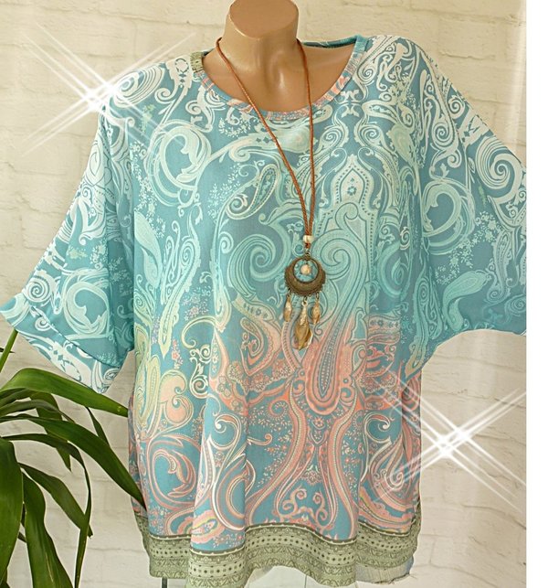 38 40 42 44 oversize Shirt Tunika Bluse mit Kette Feinstrick PAISLEY