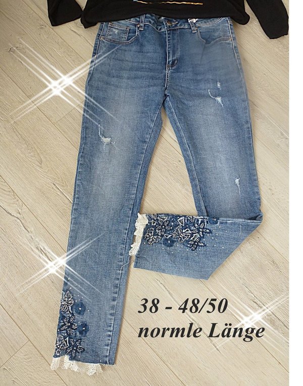38 40 42 44 46 48 50 Hose Jeans mit toller Stickerei glitzer Spitze neue Kollektion