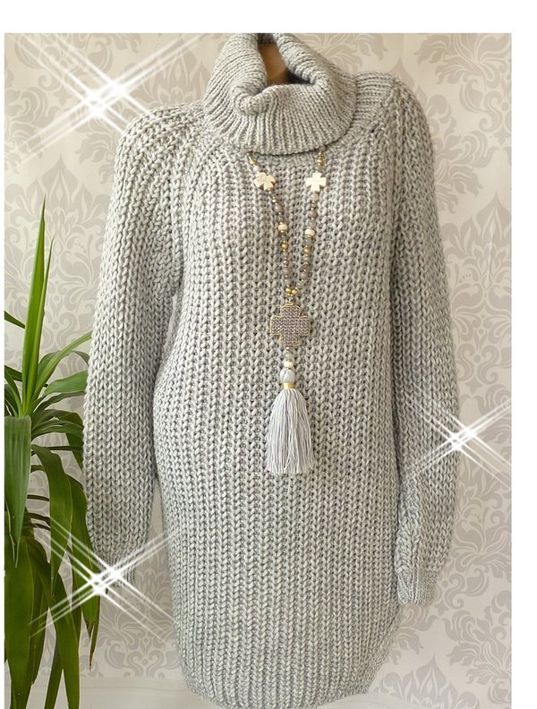 38 40 42 Long Pullover grobstrick Strickkleid Kleid Rollkragen warm