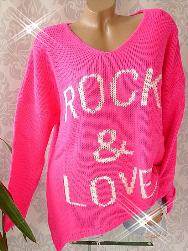 38 40 42 44 46 oversize Pullover Strickpullover Schrift Rock & Love ROSA oder PINK