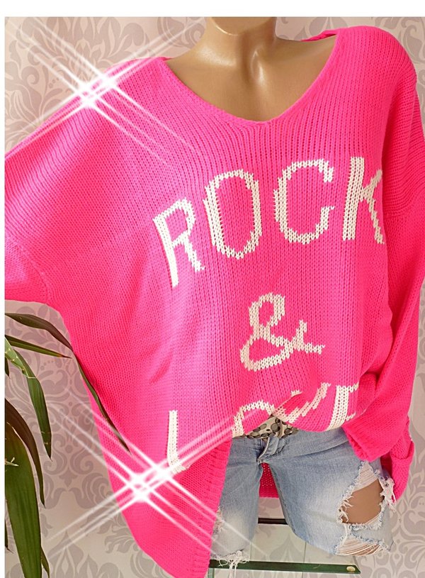 38 40 42 44 46 oversize Pullover Strickpullover Schrift Rock & Love ROSA oder PINK