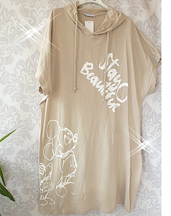 42 44 46 oversize long Shirt comic print Kapuze Shirt Schrift Kleid beige