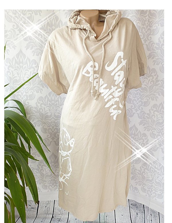42 44 46 oversize long Shirt comic print Kapuze Shirt Schrift Kleid beige