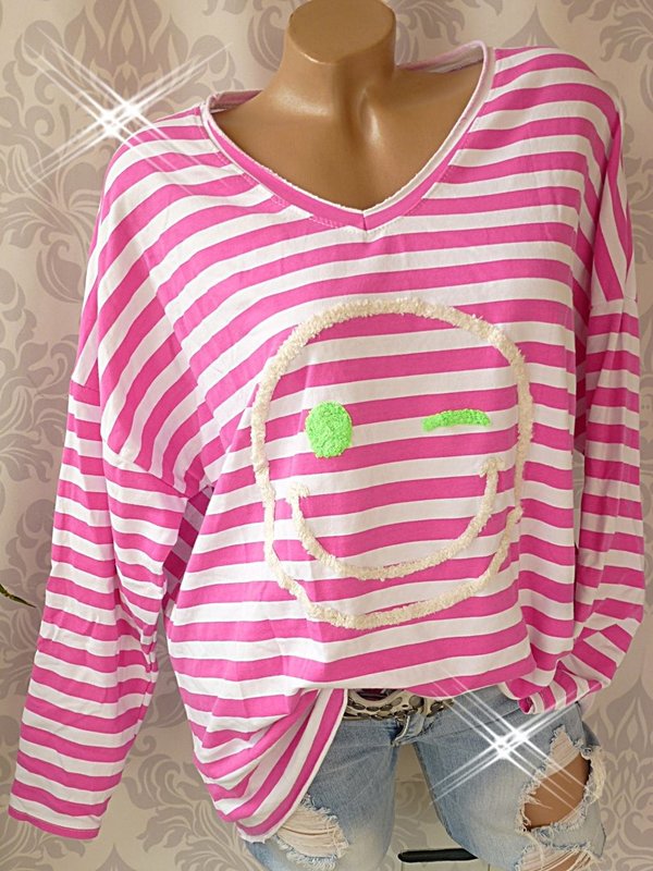 38 40 42 44 schönes Shirt Pullover V- Neck oversize Streifen comic grün pink orange