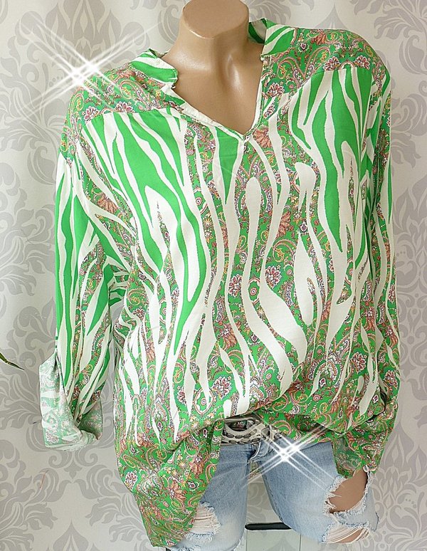 40 42 44 46 oversize Bluse mit Muster Fischerhemd V Neck Blumen grün