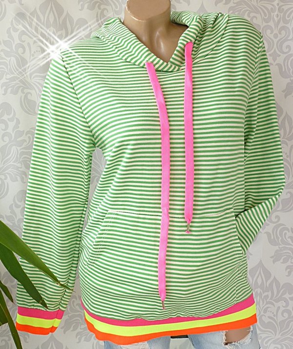 36 38  Pullover Sweatshirt Hoodie Streifen  Känguru Tasche Kapuze grün oder pink