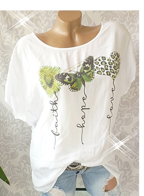 36 38 40 40/42 Shirt mit Glitzer Print Blumen Schmetterling leo Herz