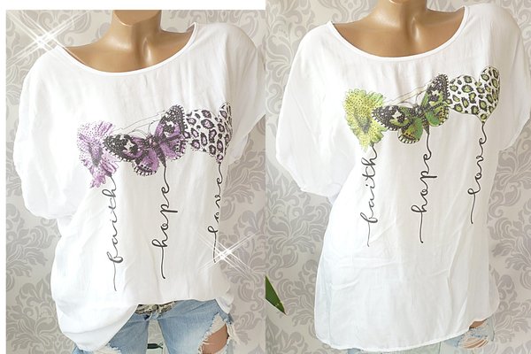 36 38 40 40/42 Shirt mit Glitzer Print Blumen Schmetterling leo Herz