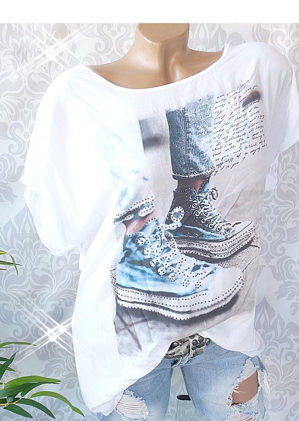 36 38 40 42  Shirt mit Glitzer Print Sneaker Schrift Viskose 2 Modelle
