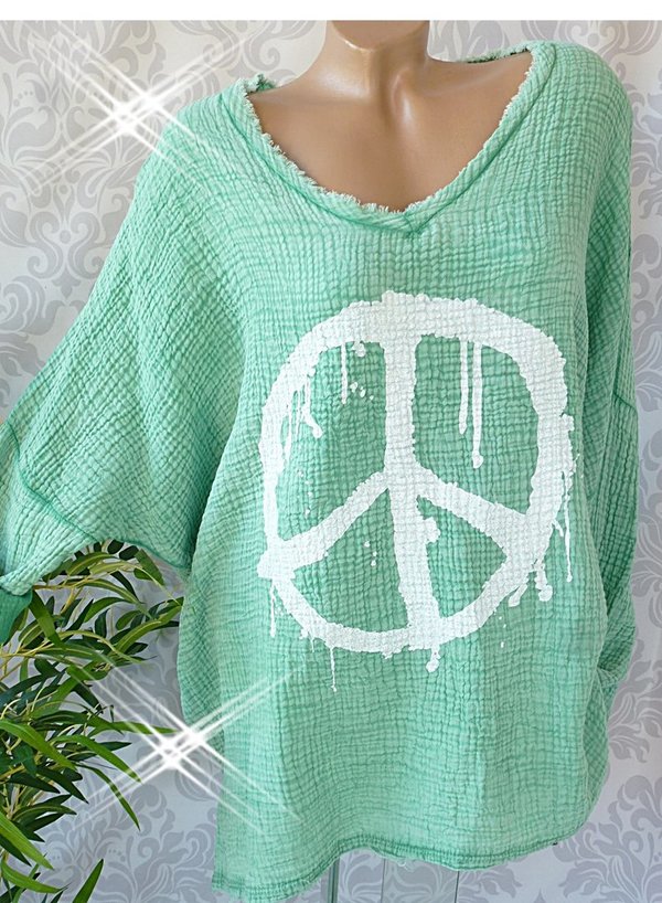38 40 42 44 46 oversize Musselin Pullover Shirt Tunika Peace weiss oder grün