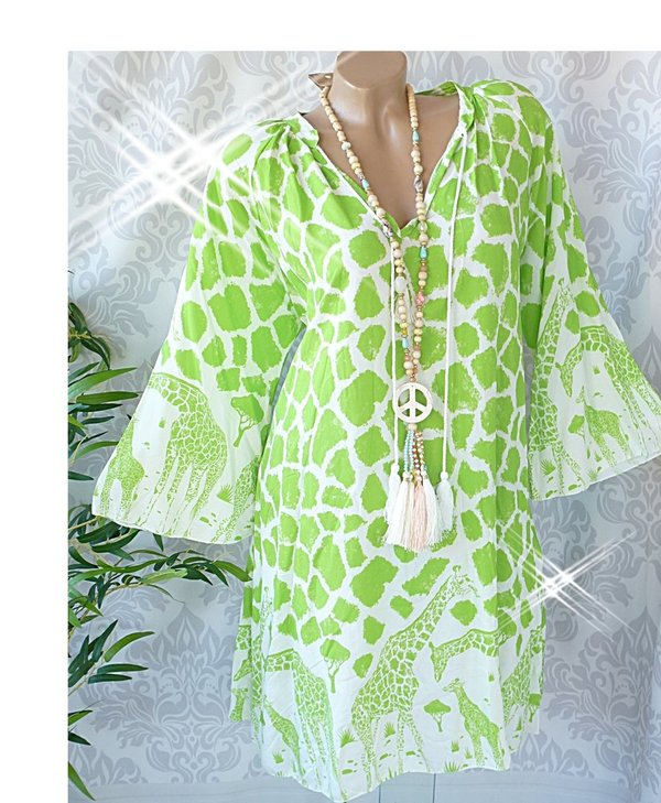 38 40 42 Damen Kleid long Tunika Muster Giraffe Hängerchen grün