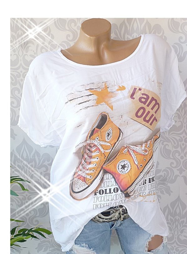 36 38 40 42 Shirt mit Glitzer Print Sneaker Schrift Viskose