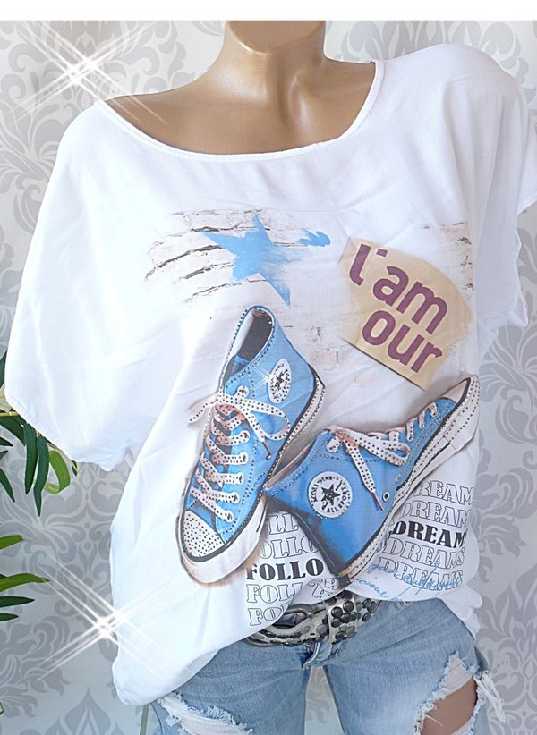 36 38 40 42 Shirt mit Glitzer Print Sneaker Schrift Viskose