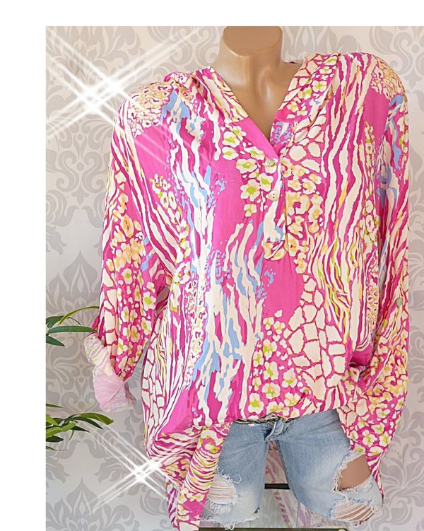 38 40 42 44 Bluse mit Muster Fischerhemd V Neck oversize Kapuze pink oder grün Vokuhila